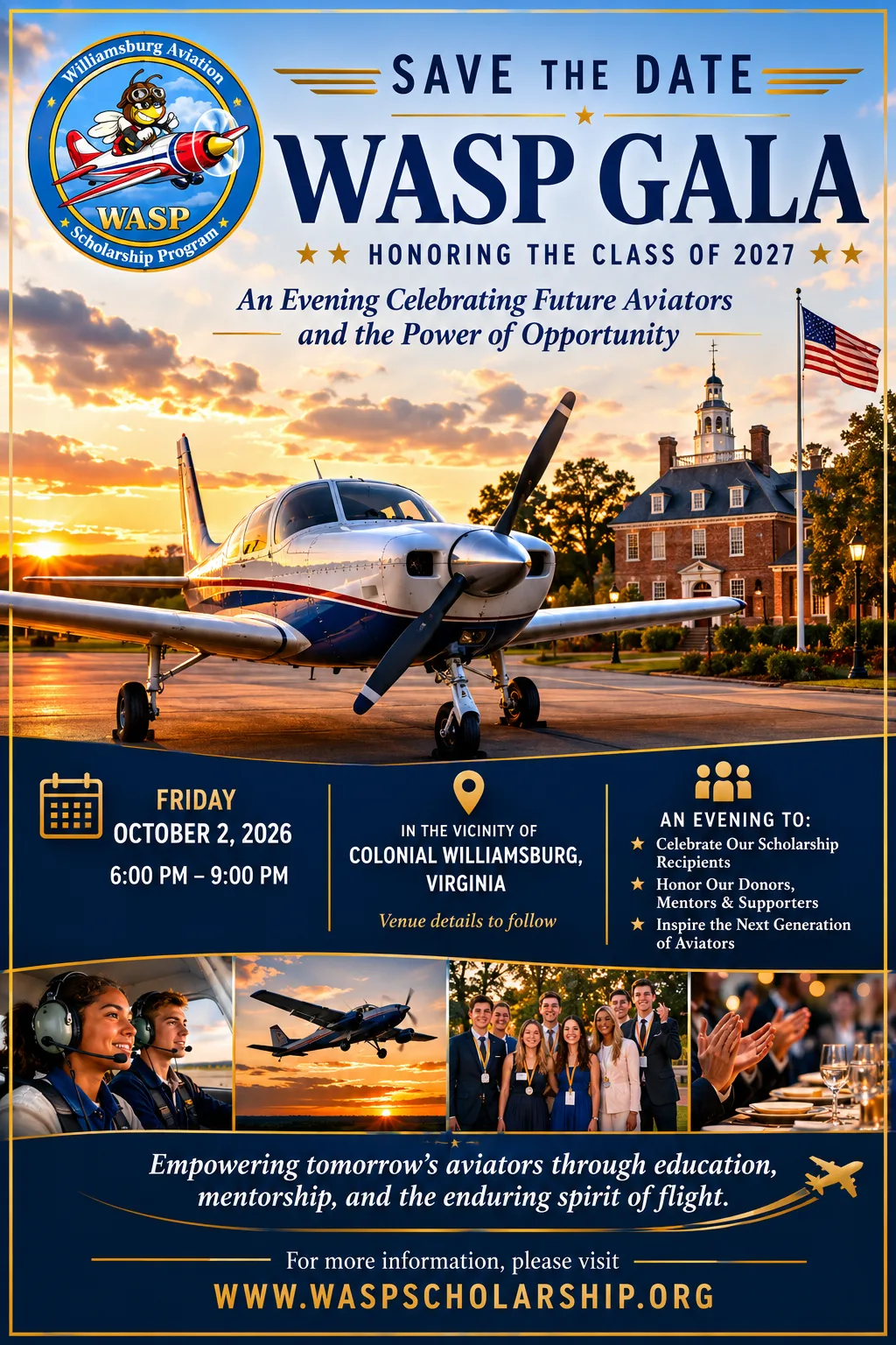 WASP Gala save-the-date flyer — Friday, October 2, 2026, 6:00–9:00 PM, in the vicinity of Colonial Williamsburg, Virginia. Honoring the Class of 2027. An evening to celebrate scholarship recipients, honor donors and mentors, and inspire the next generation of aviators. WASPScholarship.org.